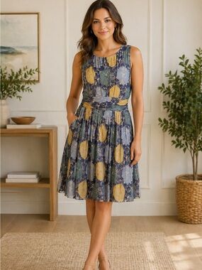 Boden Sleeveless Midi Dress in Yellow, Green, and Blue Floral